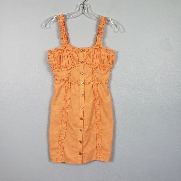 URBAN OUTFITTERS Luxe Dreams Button Front Ruffle Mini Dress Orange Sz XS - Picture 2 of 8